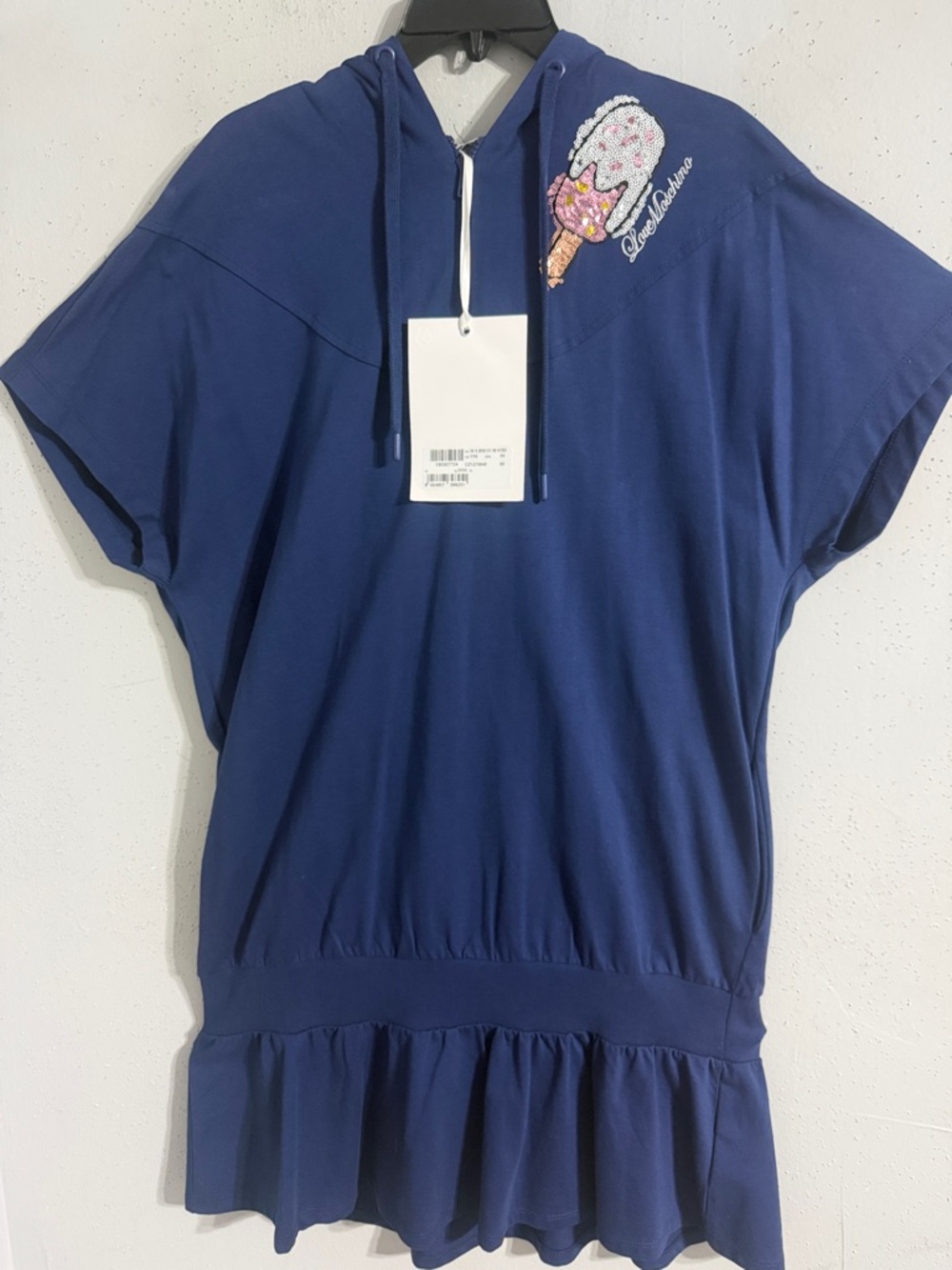 NWT Love Moschino Navy Hooded Ruffle Hem Dress with Ice Cream Patch